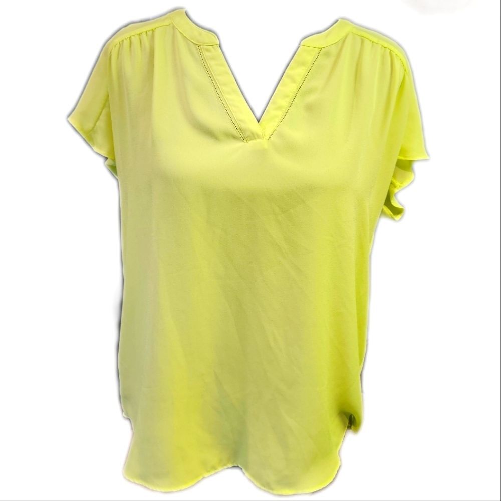 Banana Republic Chartreuse Yellow/Green Cap Sleeve, V-neck, Semi Sheer Blouse S